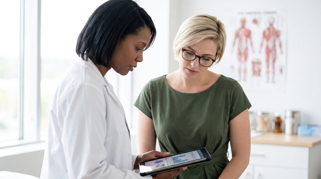 Une patiente échangeant avec une professionnelle de santé en consultation