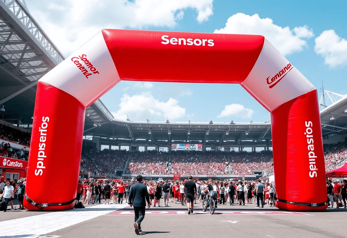 Arche gonflable rouge et blanche enjambant une piste devant un stade plein