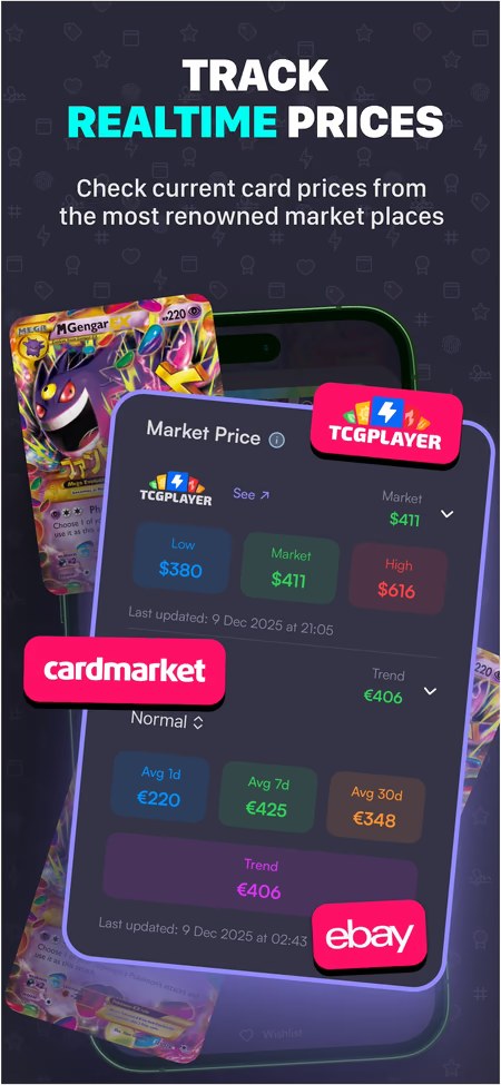 Écran de l'application affichant les prix de marché d'une carte Pokémon sur plusieurs plateformes