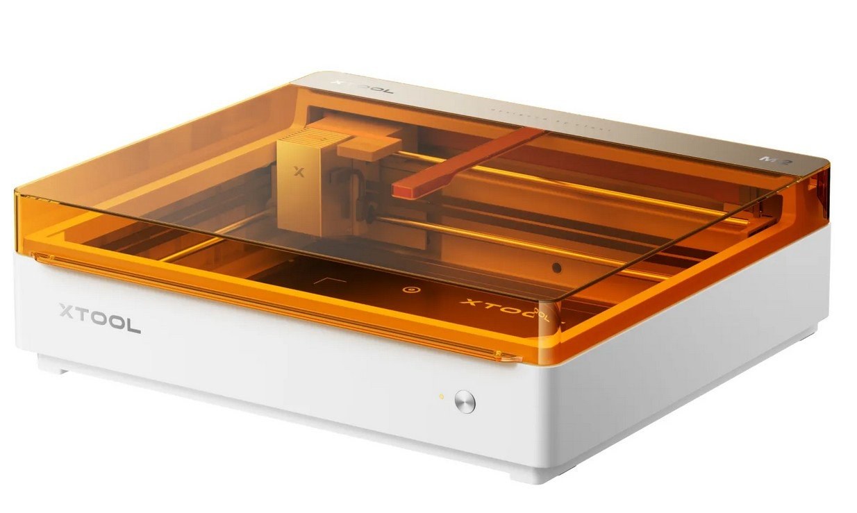 Graveur laser xTool M2 blanc et orange, capot transparent ouvert